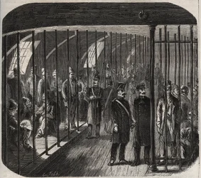 Chegada das forças a bordo durante o comboio de Toulon para Cayenne (Guiana), nos termos do Decreto de 8 de Dezembro de 1851. Gravação em "Histoire des bagnes depuis leur création à nos jours" (1877) de Pierre Zaccone (1817-1895) (Colonia Penale - Penal co