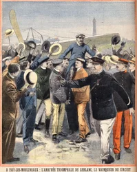 Chegada triunfal de Alfred LeBlanc (1869-1921), piloto francês, vencedor do circuito aéreo em Issy Les Moulineaux (Issy-Les-Moulineaux). Gravação em "Le petit parisien" em 14/08/1910