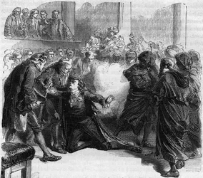 Assassinato de Gustavo III da Suécia - assassinato de Gustavo III (1746-1792), rei da Suécia, durante o baile de máscaras da Ópera Real de Estocolmo por Jacob Johan Ankarström - gravura em “Histoire des Girondins” de Alphonse de Lamartine (1790)
