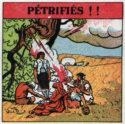 Eletricidade atmosférica: homens eletrocutados por relâmpagos permanecem petrificados. Ilustração anônima de 1925. Coleção privada.