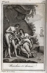 Bacchus et Ariane (Bacchus e Ariadne) Gravação de 1819 em "Lettres a Emilie sur la mythologie" de Charles Albert Demoustier (1760-1801). Coleção particular.