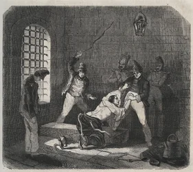 Bagne de Brest: caning. Gravura em "Histoire des bagnes depuis leur création à nos jours" (1877) de Pierre Zaccone (1817-1895) (Colonia Penale - colônia penal). Colecção privada.