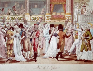 Máscara de bola na Ópera de Paris. Litografia de Bosio. Paris do século XIX, Musee Carnavalet