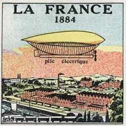 Balões: o dirigível "La France" em 1884 utilizando a bateria eléctrica inventada pelos franceses Renard e Krebs. Ilustração anónima a partir de 1925. Coleção particular.