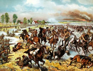 Batalha de Tannenberg (agora Stebark, Polônia) (1914) - entre o VIII Exército alemão e o Exército russo I e II - A Batalha de Tannenberg, agosto de 1914 - Anônimo - 1914 - Litografia colorida - 32,6x41,8 - Coleção Privada