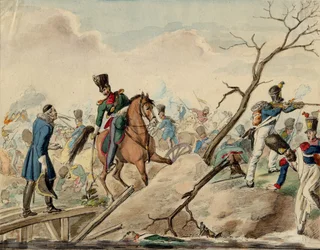 Bataillle de Leipsig (bataille des Nations) - Um Episódio da Batalha de Leipzig - Anônimo - 1813 - Aquarela sobre papel - 16,2x20,8 - Coleção Particular