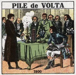 Baterias e acumuladores: Alessandro (Alexandre) Volta (1745-1827) apresentou em 1801 ao cônsul Napoleão Bonaparte (1769-1821) no Institut National de France os resultados das suas experiências que lhe permitiram inventar a bateria eléctrica. Anônimo il