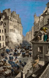 Batalha na Barricada da Rue Saint Antoine em 1830, Gravura, Coleção Particular