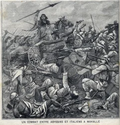 Batalha entre Abissínos de Menelik II e italianos em Makalle, Etiópia. Gravação em "Le Petite Parisien".