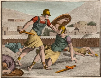 Batalha de Cavalos e Curiaces - Batalha entre Horatii e Curiatii - Gravura do "The Rollin of Youth or Selected Pieces of Ancient and Roman Stories" 1816 - Coleção particular