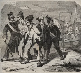 Belle-Ile-en-Mer (bela ilha no mar), no século XIX. Gravura em "Histoire des bagnes depuis leur création à nos jours" (1877) de Pierre Zaccone (1817-1895) (Colonia Penale - colônia penal)