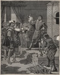 Bernard Palissy (1510-1589), ceramista triunfante francês, remove os seus primeiros pedaços de esmaltes do forno. Gravura de 1880 em "Les arts et metiers illustres", de Adolphe BITARD.