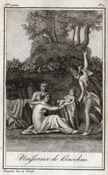 Nascimento de Baco, filho de Júpiter e Semele. Gravura de 1819 em "Lettres a Emilie sur la mythologie" de Charles Albert Demoustier (1760-1801). Coleção particular.