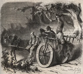 Fuga arrojada de uma força do Toulon Bagne no século XIX. Gravação em "Histoire des bagnes depuis leur création à nos jours" (1877) de Pierre Zaccone (1817-1895) (Colonia Penale - colônia penal). Coleção particular.