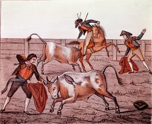 Cena de Caça aos Touros (tourada) Colecção Privada de Aguarela do século XVIII