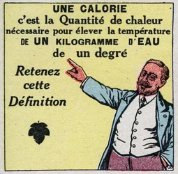 Calorimetria: uma caloria é a quantidade de calor necessária para elevar a temperatura de um quilograma de água em um grau. Ilustração anônima de 1925. Coleção privada.