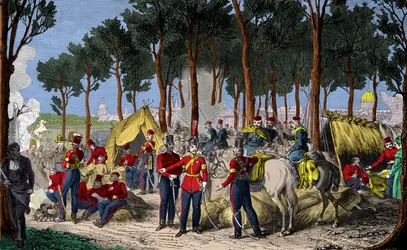 Acampamento das tropas russas e inglesas em Champs Elysees em Paris, em julho de 1815, após a derrota de Napoleão 1st, Engraving, Private Collection