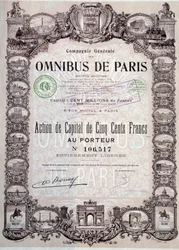 Participação no capital de 500 Francos no omnibus de Paris, Coll. do século XX. Acção