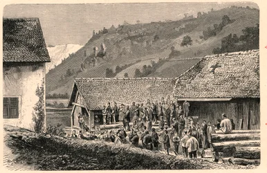 Celebração do culto católico em Santa Ursanne (Saint Ursanne), na Suíça, em 1874, após uma fotografia. Gravura em "Les Missions Catholiques au XIXeme Siecle" de Louis-Eugene (Louis Eugene) Louvet. coleção particular.