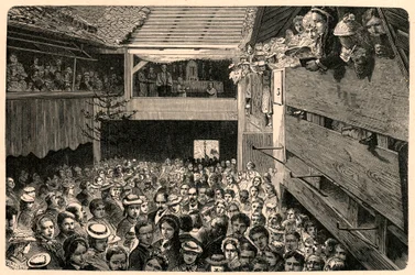 Celebração do culto católico em Porrentruy, Suíça, em 1874, depois de uma fotografia. Gravura em "Les Missions Catholiques au XIXeme Siecle" de Louis-Eugene (Louis Eugene) Louvet. coleção particular.