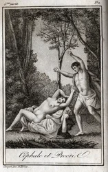 Casal de amantes de Cephale e Procris (Cephalus). Gravura de 1819 em "Lettres a Emilie sur la mythologie" de Charles Albert Demoustier (1760-1801). Coleção particular.