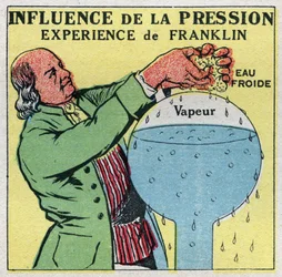 Mudanças nos estados: influência da pressão. O ponto de ebulição de Franklin, a experiência de Benjamin Franklin (1706-1790) para provar que a água pode ferver a menos de 100 graus. Ilustração anônima de 1925. Coleção privada.