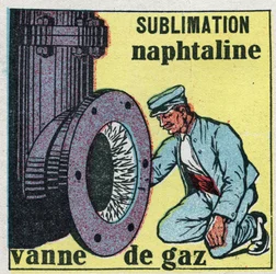 Mudanças nos estados: sublimação. Depósito de naftalina a entupir uma válvula de gás. Ilustração anónima de 1925. Coleção privada.