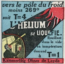 Mudanças nos estados: vapores. O holandês Heike Kammerling Ones (1853-1926), de Leiden, conseguiu liquefazer hélio em 1908. Ilustração anônima a partir de 1925. Coleção privada.