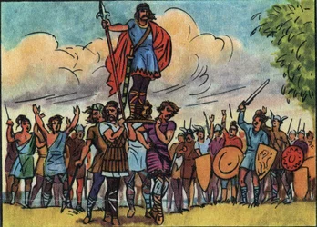Clovis (rei dos Francos de 481 a 511) foi eleito rei pelos Salianos que o carregaram no baluarte (escudo) enquanto passeava pelo acampamento. Ilustração anónima na "Collection des souverains et chefs d