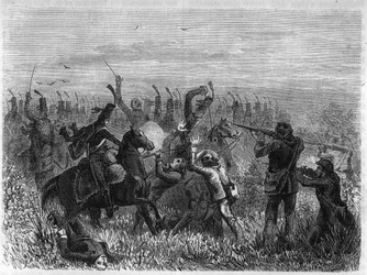 A destruição completa dos Vendeens: Batalha de Savenay, em Dezembro de 1793. Gravura de 1866 em "Histoire de la Revolution francaise" de Adolphe Thiers. Coleção privada.
