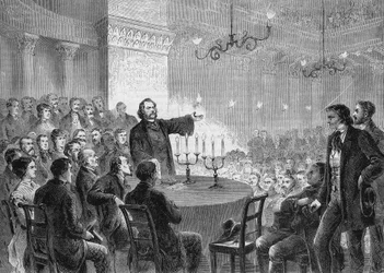 Conferência do reformador Johannes (Jean) Ronge (1813-1887), em Viena, em 1868. Ele fundou a Igreja Cristã Universal. gravura de 1868. Coleção privada.