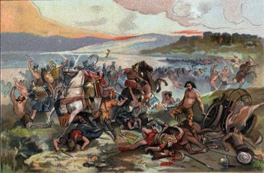 Conquete da Gália: a batalha de Presles em 60 AC contra o povo nerviano liderado por Boduognat contra o exército romano de Jules César. Cromolitografia publicitária dos chocolates Antoine em Bruxelas, início do século XX. Coleção Particular