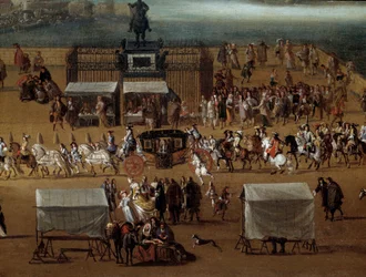 Cortege passando em frente à estátua de Henri IV na Pont Neuf em Paris no século XVII Detalhe. Pintura anónima. Paris, Musee Carnavalet
