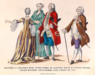 Fantasias de uma matrona da moda antiga, uma jovem mulher de penteado alto e pequenos cestos, um ex-militar e um cavalheiro de fato em 1762 (regne of King Louis XV) - coleção particular