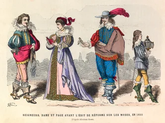 Fantasias de senhores, senhora e página antes da edição da reforma sobre moda em Paris em 1633 - coleção particular