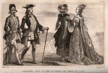 Fantasias no final do reinado do Rei Luís XV (1770). Gravura de 1859 em "Le Monde. História de todos os povos desde os tempos mais remotos até aos nossos dias". por M. E. de Lostalot-Bachoue (Lostalot Bachoue). Coleção particular.