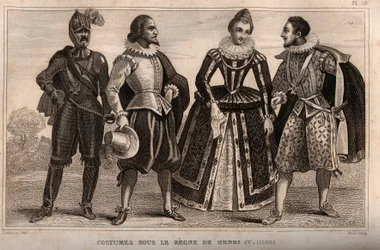 Fantasias sob a regra de Henrique IV (1590). Gravura de 1859 em "Le Monde. História de todos os povos desde os tempos mais remotos até aos nossos dias". por M. E. de Lostalot-Bachoue (Lostalot Bachoue). Coleção particular.