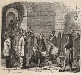 Acoplamento no Rochefort Bagne, no século XIX. Gravação em "Histoire des bagnes depuis leur création à nos jours" (1877) por Pierre Zaccone (1817-1895) (Colonia Penale - colônia penal). Coleção particular.