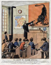 Cursos de boas maneiras na escola, um professor ensina os alunos a usar o polimento para fazer brilhar os sapatos. Ilustração publicitária do "Le petit journal" de 29/11/1925 Privee Collection