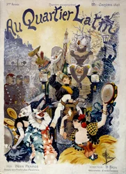Capa de "Au quartier latin" representando uma cena carnavalesca nas ruas de Paris