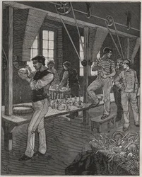 Oficina de gravadores de cristais em França, no século XIX. Gravura a partir de 1885 em "Les arts et metiers illustres" de Adolphe BITARD.