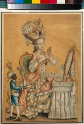 Senhora numa Toilette com um menino preto - Obra anónima, aguarela sobre papel cerca de 1770 (29,2x21,2 cm) - Galeria Estadual Tretyakov, Moscovo