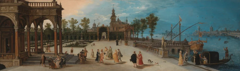 Festa dançante no pátio de um palácio imaginário com uma vista caprichosa de Veneza ao longe
