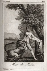 Morte de Milon de Crotone (Milo de Crotone) devorado por um lobo. Gravura de 1819 em "Lettres a Emilie sur la mythologie" de Charles Albert Demoustier (1760-1801). Coleção privada.