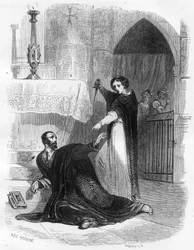 Morte do Inquisidor Pedro (Pedro) de Arbues (1441/1442 - 1485) na Catedral de Saragoça (Saragoça) em Setembro de 1485. Ilustração em "Mysteres of the Inquisition and Other Secret Societies of Spain" Por Victor de Fereal, Suberwick, Manuel Galo