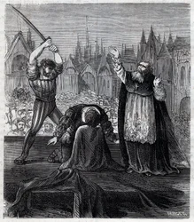 Decapitação do Conde Egmont e Hoorn (1568) em Bruxelas durante a tirania espanhola na Holanda - Guerra dos Quatro Vinte Anos (1568-1648): a decapitação de Lamoral, Conde de Egmont, Príncipe de Gavre (1522-1568), político holandês. Ele foi condenado no quad