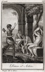 Diane e Acteon (Diana e Actaeon) Diane surpreendida no banho pelo caçador Acteon. Gravura de 1819 em "Lettres a Emilie sur la mythologie" de Charles Albert Demoustier (1760-1801). Coleção particular.