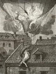 Morte dramática de Madame Sophie Blanchard (1778-1819), aeronáutica em 6 de julho de 1819 sobre os jardins do Tivoli em Paris, Gravura, Coleção Privada