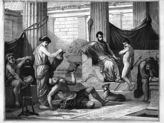 Educação em Esparta na Grécia antiga: um escravo bêbedo é apresentado a um jovem rapaz para lhe mostrar os perigos do álcool. Gravura de 1880 em «La République illustrée», colecção particular.