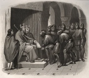 Eduardo o Confessor (um dos últimos reis anglo-saxões da Inglaterra) - São Eduardo o Confessor (1004-1066) dando novas leis ao seu povo. Gravura de 1846 em "Vidas dos Santos". Coleção privada.